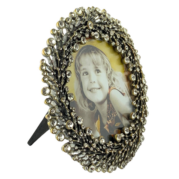 Brass Round Picture Frame, Austrian Crystals, Tabletop, Holds 4 x 4 Photo - Picture 2 of 5